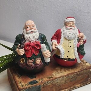 Vintage Roly Poly Santa Figurines, Depicts The Naughty Nice List & The Toy Maker